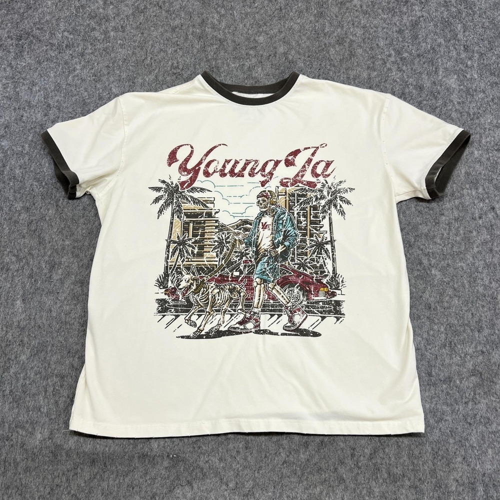 YoungLA Shirt Mens L Cream Skeleton Dog Graphic Ringer Tee Streetwear Casual